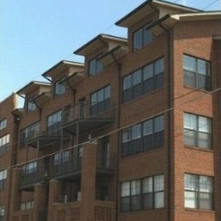 exterior view of brick apartment building lofts in downtown Atlanta