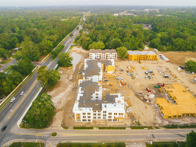 Aerial view of Construction of Columbia Gardens at South City in Tallahassee FL