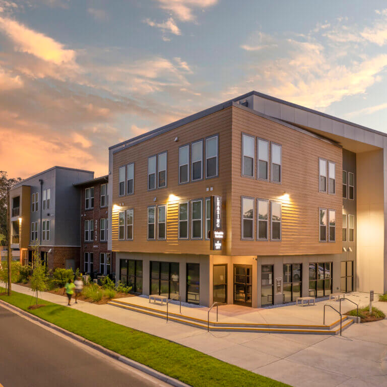 street-level view of Columbia Gardens at South City at twilight in Tallahassee Florida