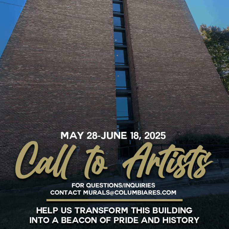 Public Mural Legacy at Eastlake: A tall brick building is shown against a clear blue sky. At the top corners are two logos: Columbia Residential and Legacy at East Lake. Centered on the image is a large headline that reads, “Call to Artists.” Below it, the dates “May 28–June 18, 2025,” followed by contact information: murals@columbialres.com. At the bottom, text reads: “Help us transform this building into a beacon of pride and history.”