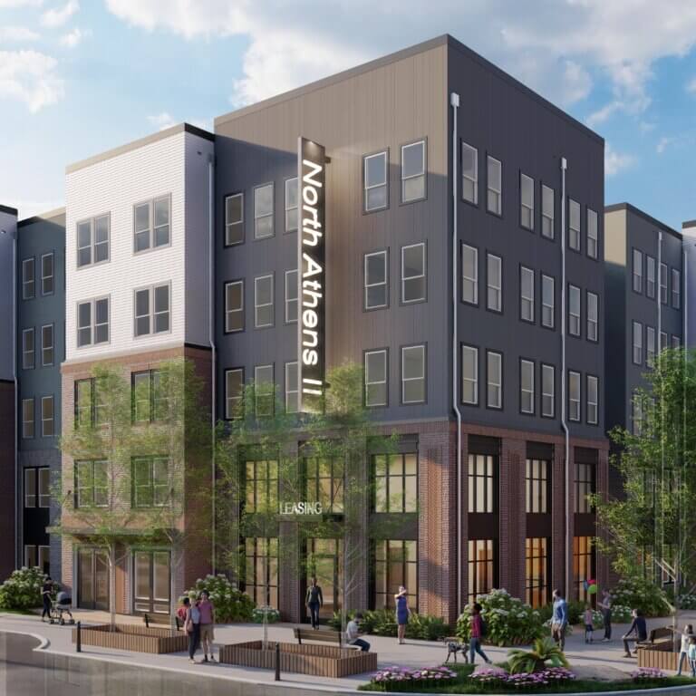 Architectural rendering of The Square at NoDA, a modern multi-story residential community with brick and panel siding, large windows, ground-floor leasing office, and landscaped sidewalks. People are shown walking, biking, and gathering along the street in front of the building. Financing The Square at NoDA has closed, allowing the work to move forward.