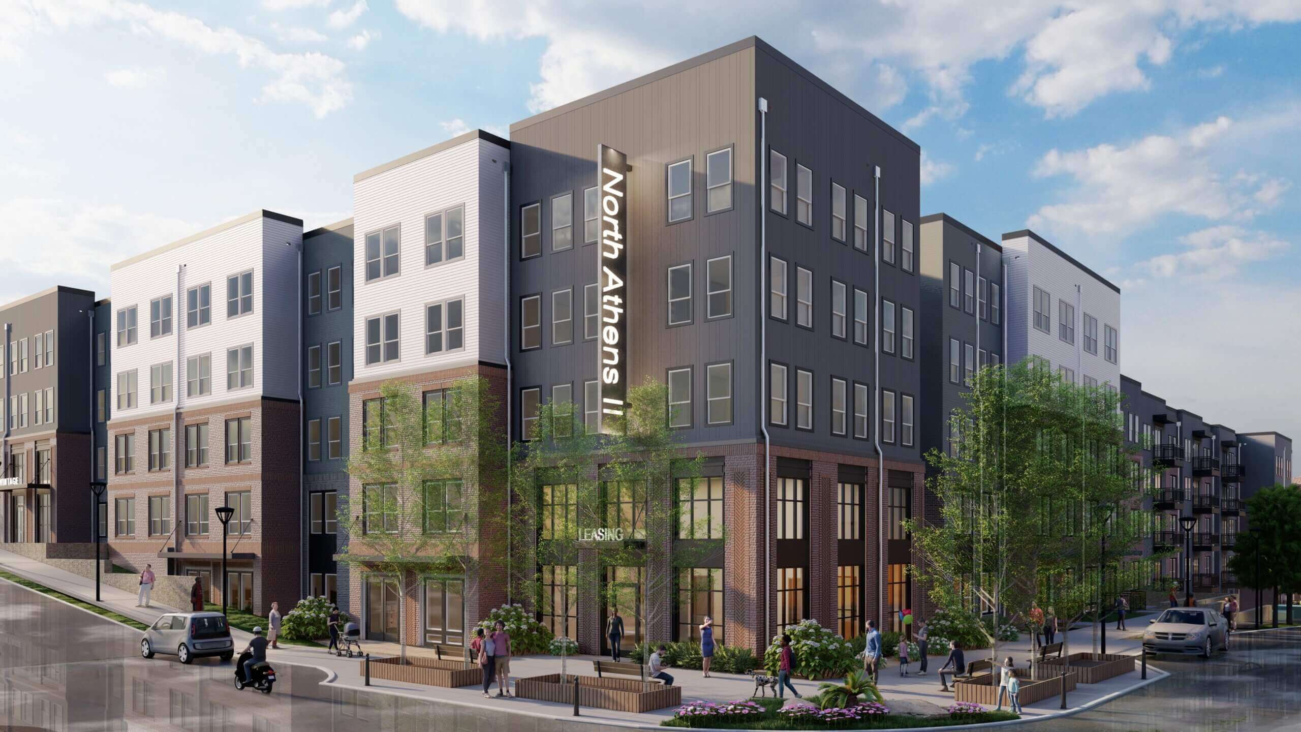 Architectural rendering of The Square at NoDa - an Affordable Housing Community in Downtown Athens - a modern mixed-use residential community with brick and contemporary panel siding, ground-floor leasing space, wide sidewalks, and landscaped streets. People are shown walking, biking, and gathering along the corner of the building.