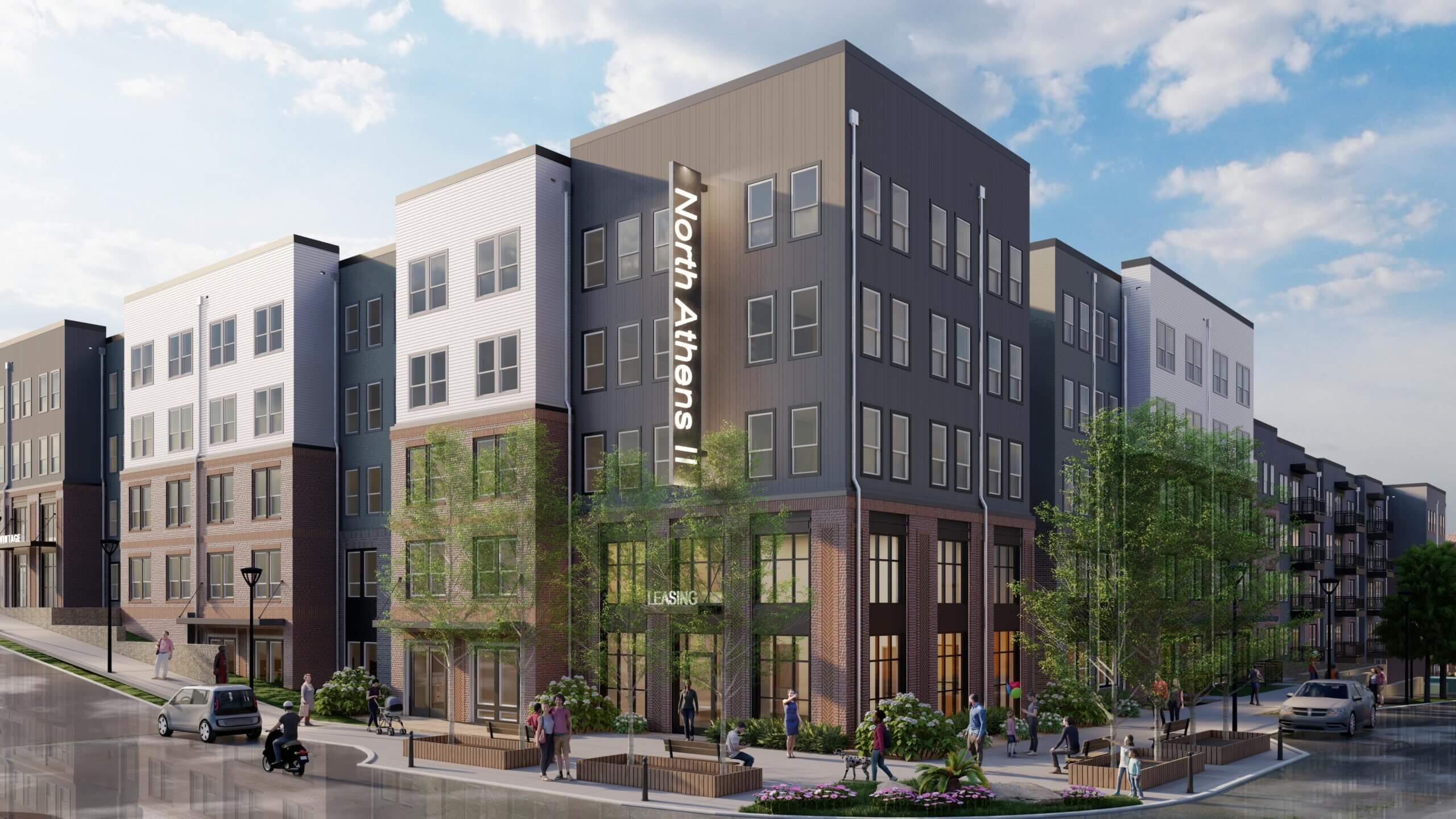 Architectural rendering of The Square at NoDA, a modern multi-story residential community with brick and panel siding, large windows, ground-floor leasing office, and landscaped sidewalks. People are shown walking, biking, and gathering along the street in front of the building. Financing The Square at NoDA has closed, allowing the work to move forward.