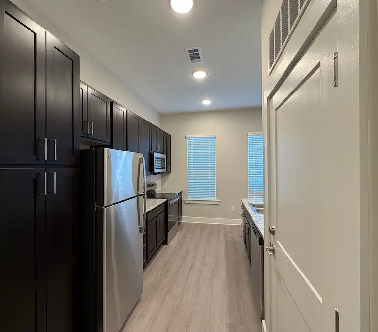 Apartment kitchen with dark cabinets, stainless steel appliances, and window lighting