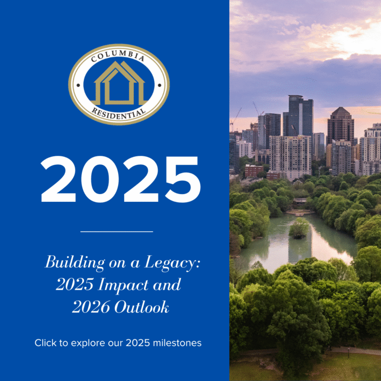 Columbia Residential end-of-year graphic featuring the Columbia Residential logo and large text reading “2025.” Below, the text says “Building on a Legacy: 2025 Impact and 2026 Outlook” with a prompt to “Click to explore our 2025 milestones.” The right side of the image shows an aerial view of a green park and river leading toward the Atlanta skyline at sunset.
