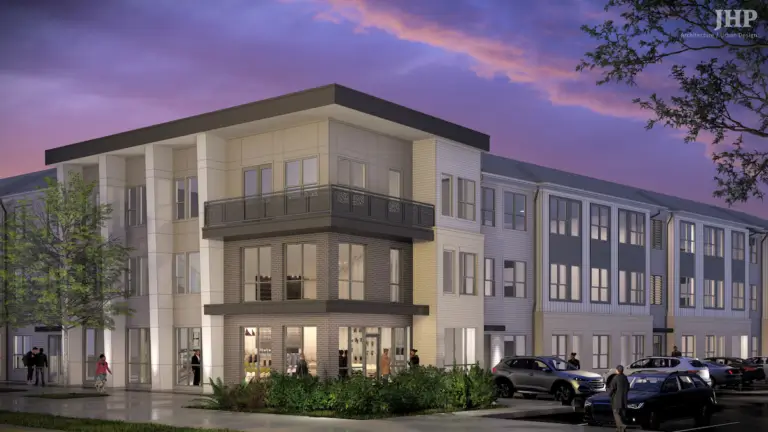 Architectural rendering of Independence Heights apartment community exterior at sunset