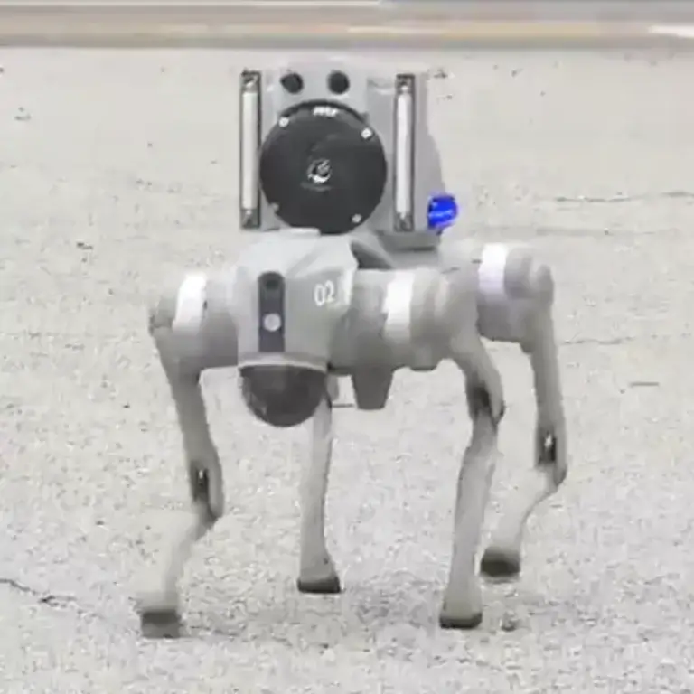 Robotic security dog made of metallic alloy and standing on all fours on a paved surface