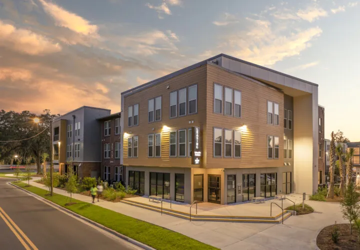 street-level view of Columbia Gardens at South City at twilight in Tallahassee Florida