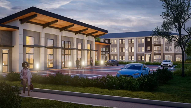 rendering of an apartment exterior at twilight at Renaissance Square Phase III in Fort Worth Texas