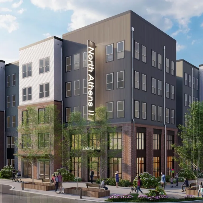 Architectural rendering of The Square at NoDA, a modern multi-story residential community with brick and panel siding, large windows, ground-floor leasing office, and landscaped sidewalks. People are shown walking, biking, and gathering along the street in front of the building. Financing The Square at NoDA has closed, allowing the work to move forward.