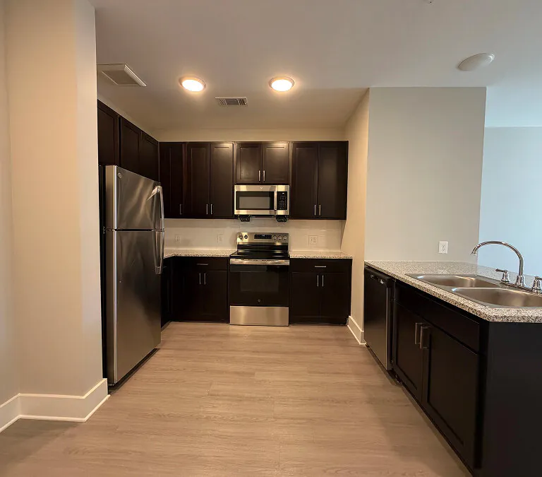 Apartment kitchen with stainless steel appliances and dark cabinets