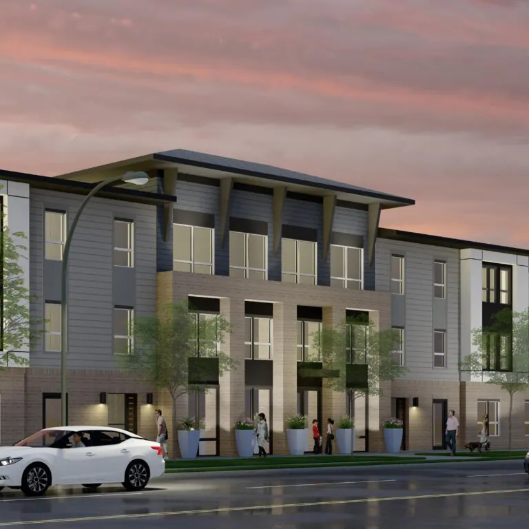 Architectural rendering of a modern multi-story residential building, Independence Heights, with gray and white exterior finishes, large windows, and a landscaped entrance. Cars and pedestrians are shown along the street at dusk under a pink sunset sky.